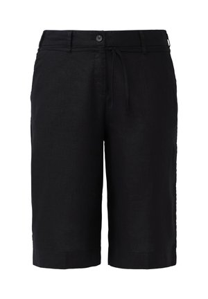 Czarne lniane szorty z zapięciem na guzik, sznurkiem oraz bocznymi kieszeniami, o prostym kroju i długości sięgającej kolan.