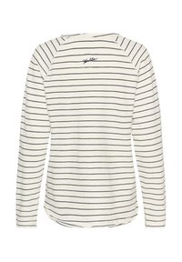 Pikkade varrukatega kreemikas pluus tumeroheliste horisontaalsete triipudega, ümar alläär ja väikse tikitud "hello" kirjaga taga. Pehme kangapind.