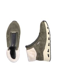 Olivgrüne Slipper aus Synthetik mit einem weichen weißen Futter und einer strukturierten Gummisohle. Seitlicher Reißverschluss für einfachen Zugang.