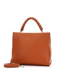 Brown leather handbag with braided handle and detachable shoulder strap laid beside it on white background.