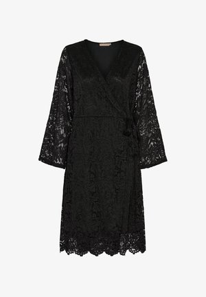 Sort blonde wrap-kjole med lange ærmer, V-udskæring, blomsterprint og bølget kant. Blød tekstur fremhæver det samlede design.