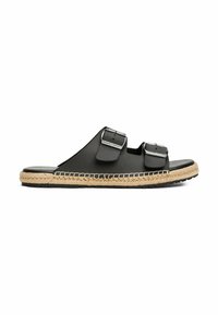 Sandales glissantes en cuir noir avec deux sangles réglables, dotées de boucles en argent et d'une semelle en jute, avec une base en caoutchouc texturé.