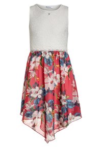 Robe sans manches, haut en dentelle blanche avec des détails en crochet, et une jupe en chiffon rose à fleurs avec de grandes fleurs bleues et vertes.