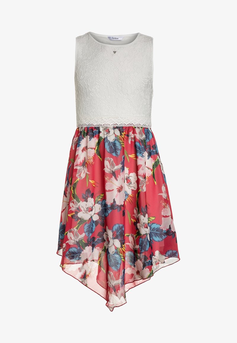 Robe sans manches, haut en dentelle blanche avec des détails en crochet, et une jupe en chiffon rose à fleurs avec de grandes fleurs bleues et vertes.