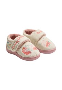 Zapatillas infantiles de tela suave en rosa y crema, con bordado de unicornio y texto decorativo en la parte superior, cierre de velcro.