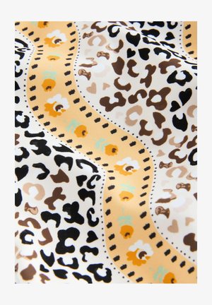 Stof med et bølget mønster, der har brune, sorte og creme leopardtryk, accentueret af blomsterdesigns i gul og teal på en lys baggrund.