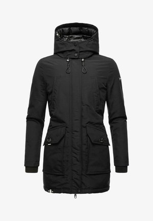 Black parka with a high collar, zip and button closure, two large front pockets, and ribbed cuffs. Features a smooth, matte texture.