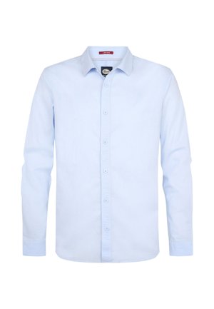 Jasnoniebieska lniana koszula z długim rękawem, zapinana na guziki, z kołnierzykiem i mankietami, prezentowana na białym tle.