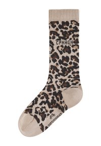 Beige Socke mit braunem und schwarzem Leopardenmuster, geripptem Bündchen und der Aufschrift "CPHKGH" nahe der Oberseite.