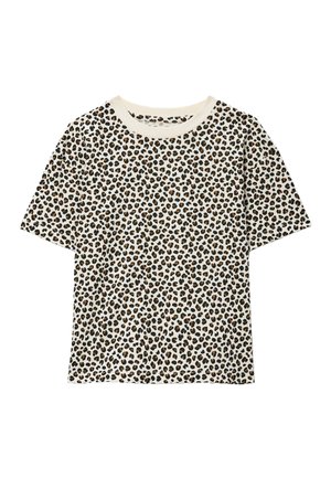 T-shirt blanc à manches courtes avec motif léopard intégral et col rond blanc uni.