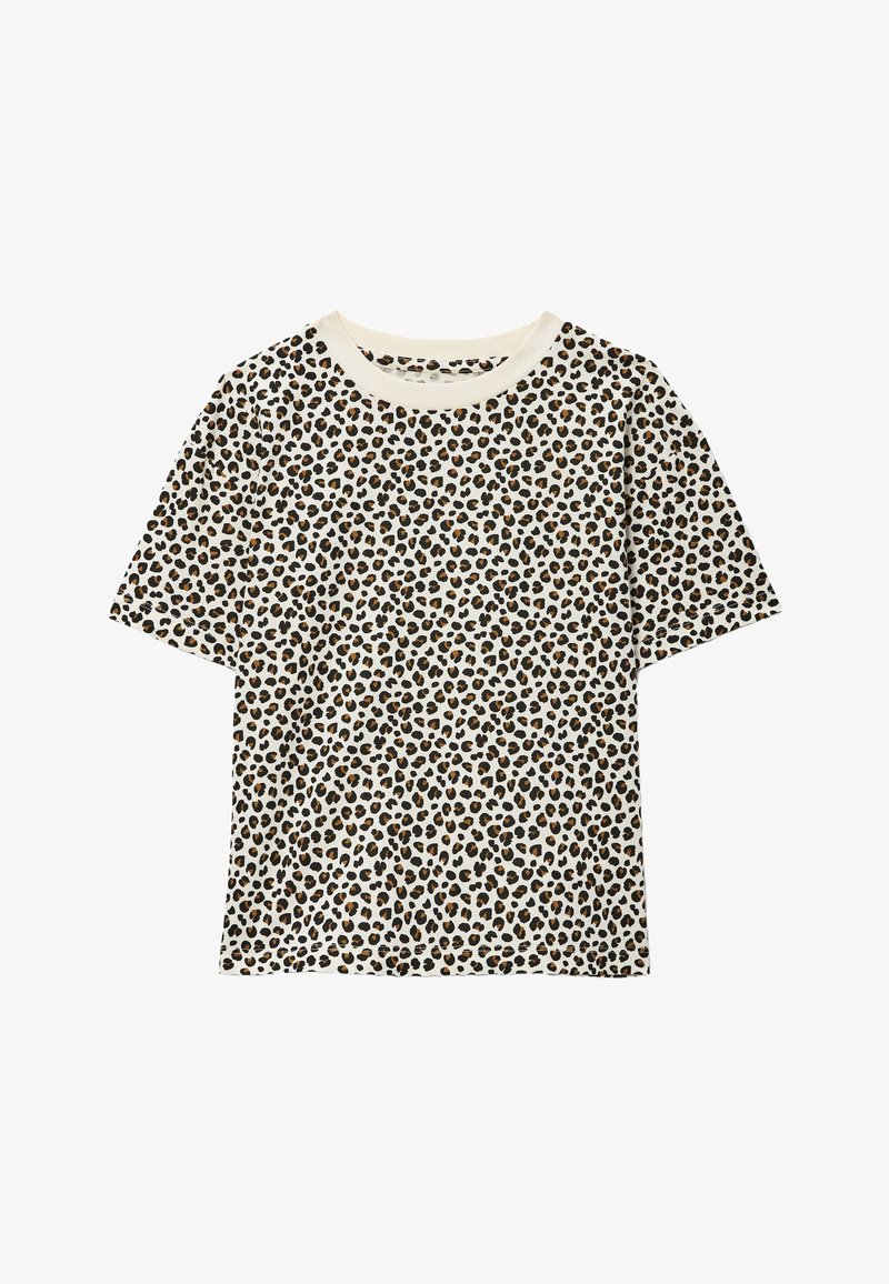 T-shirt blanc à manches courtes avec motif léopard intégral et col rond blanc uni.