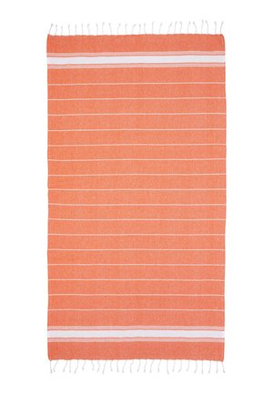 Orange rectangular textile with thin white horizontal stripes and white fringes on both shorter edges.