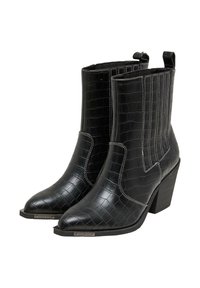 Paire de bottines noires à texture crocodile, bouts pointus, coutures blanches, languettes arrière et talons blocs empilés.
