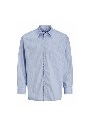 Light blue long-sleeve shirt with vertical white stripes, buttoned front, single chest pocket, and button cuffs. Cotton blend fabric.