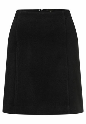 Jupe noire à mi-longueur en tissu lisse. Elle présente une coupe droite, des coutures latérales et une fermeture éclair au dos.