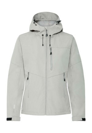 Veste grise claire à capuche avec fermeture éclair frontale, cordons de capuche ajustables et poches zippées sur la poitrine et les côtés, conçue pour résister aux intempéries.