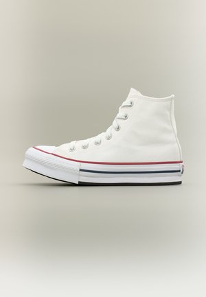 Weißer High-Top-Canvas-Sneaker mit Gummisohle, roten und blauen Streifen und weißen Schnürsenkeln auf neutralem Hintergrund.