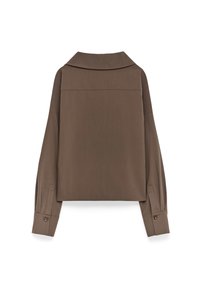 Camicia marrone a maniche lunghe con colletti larghi e piatti. Ha un taglio squadrato e polsini con bottoni. Texture liscia e design minimalista.
