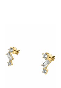 Orecchini a bottone in oro con tre gemme trasparenti ciascuna: due tonde e una rettangolare, disposte diagonalmente.