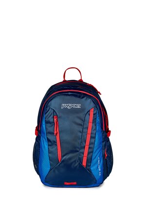 Donkerblauwe en rode Jansport rugzak met meerdere ritssluitingen en zijvakken van gaas, ontworpen voor dagelijks gebruik.