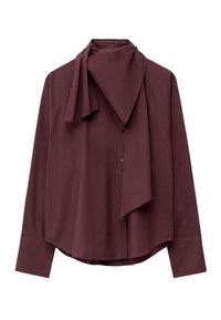 Burgundy long-sleeve shirt with draped scarf collar, button closure, and curved hem. Smooth fabric texture with tailored fit.