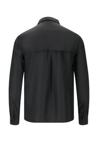 Zwarte longsleeve shirt met geplooide achterkant, knoopmanchetten en een klassieke kraag. Glad textuur, eenvoudig ontwerp, geen patronen of accenten.
