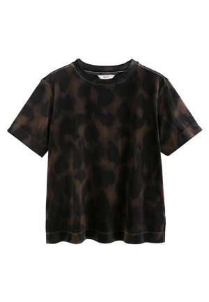 Korte mouwen, t-shirt met ronde hals en donkerbruine en zwarte luipaardprint.