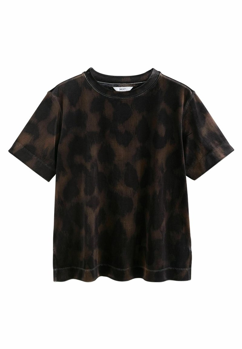 T-shirt à manches courtes avec col rond, imprimé léopard marron foncé et noir.