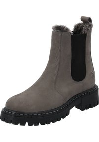 Szare zamszowe botki sięgające kostki z elastycznymi panelami bocznymi, sztucznym futerkiem wewnątrz i masywną czarną gumową podeszwą z głębokim bieżnikiem. Widoczne kontrastowe przeszycia.