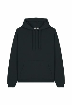 Black hooded sweatshirt with a front pocket, made of soft fabric. Features a drawstring hood and ribbed cuffs and hem. Brand label inside.