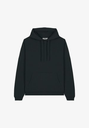 Black hooded sweatshirt with a front pocket, made of soft fabric. Features a drawstring hood and ribbed cuffs and hem. Brand label inside.