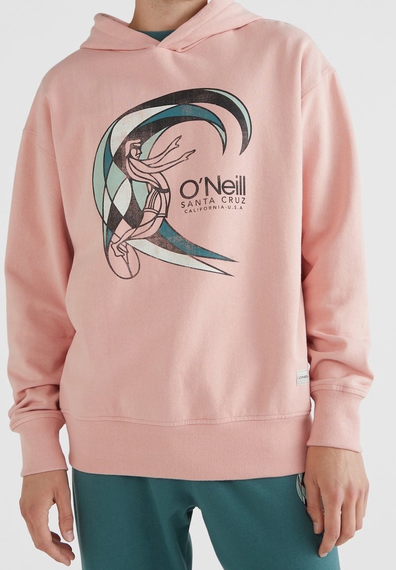 Lichtroze hoodie met een grafische print van een persoon die surft en het O'Neill-logo. Zachte stof met een comfortabele pasvorm en geribbelde manchetten.