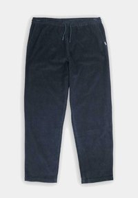 Pantalones de pana azul marino con cinturilla elástica, cordón ajustable y bolsillos laterales. Presentan una tela texturizada y un diseño de pierna recta.