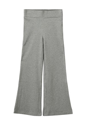 Szare spodnie dzwony wykonane z prążkowanej tkaniny. Posiadają szeroki pas w talii oraz luźny krój nogawek, zakończonych delikatnym rozszerzeniem.