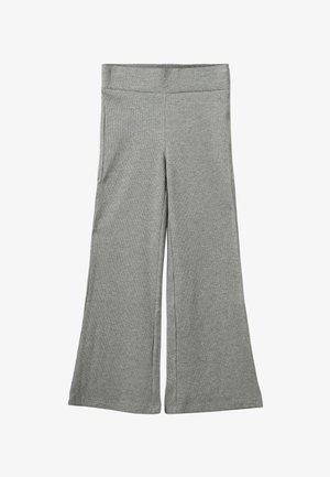 Gray flared pants made of ribbed fabric. Features a wide waistband and a relaxed fit through the legs, ending with a slight flare.