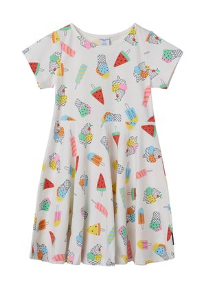 Robe à manches courtes en coton crème arborant un motif ludique de glaces colorées, de sucettes glacées et de pastèques, avec une jupe évasée.
