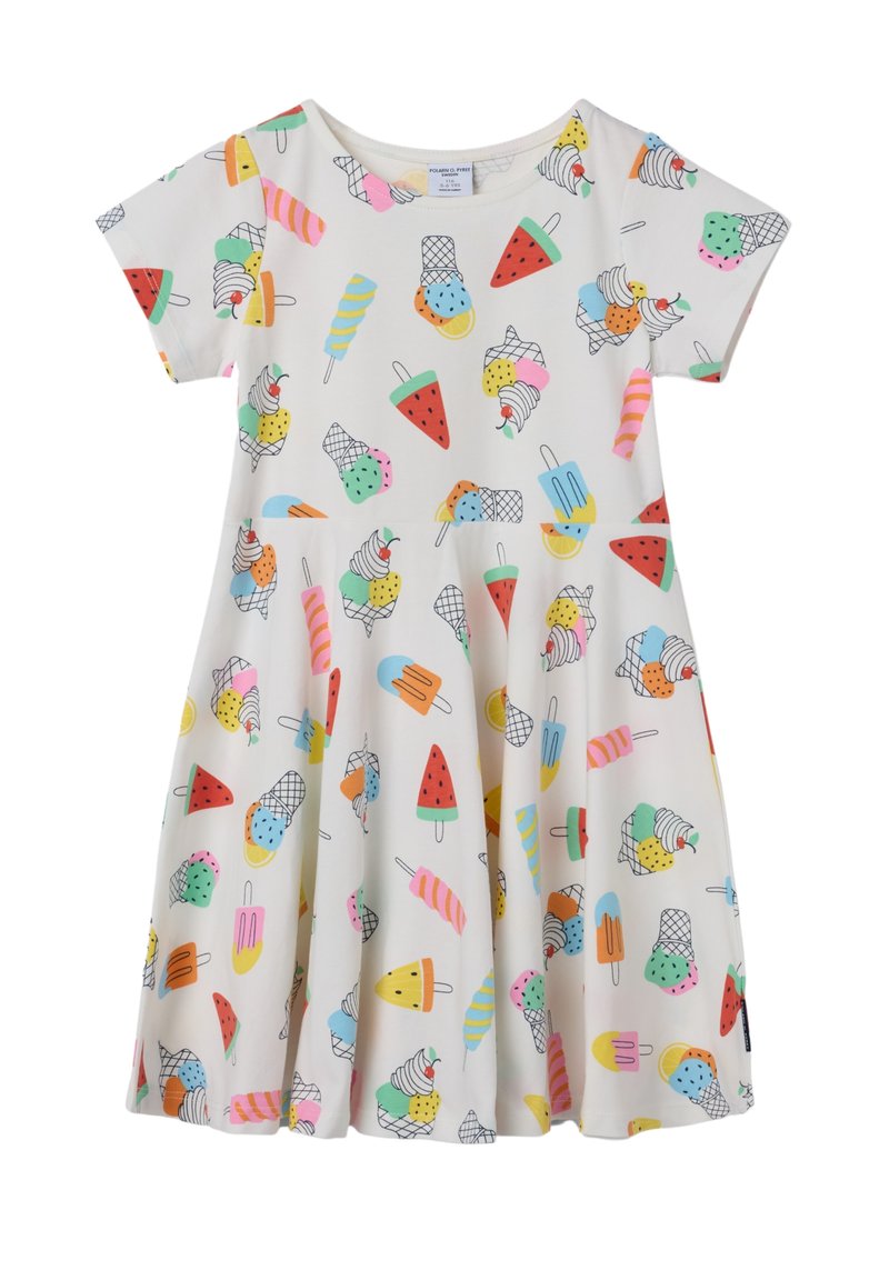 Lyhythihainen mekko kermaisen puuvillan materiaalista, jossa on leikkisä kuvio värikkäistä jäätelöistä, mehujäistä ja vesimelooneista. Mekossa on liehuva helma.
