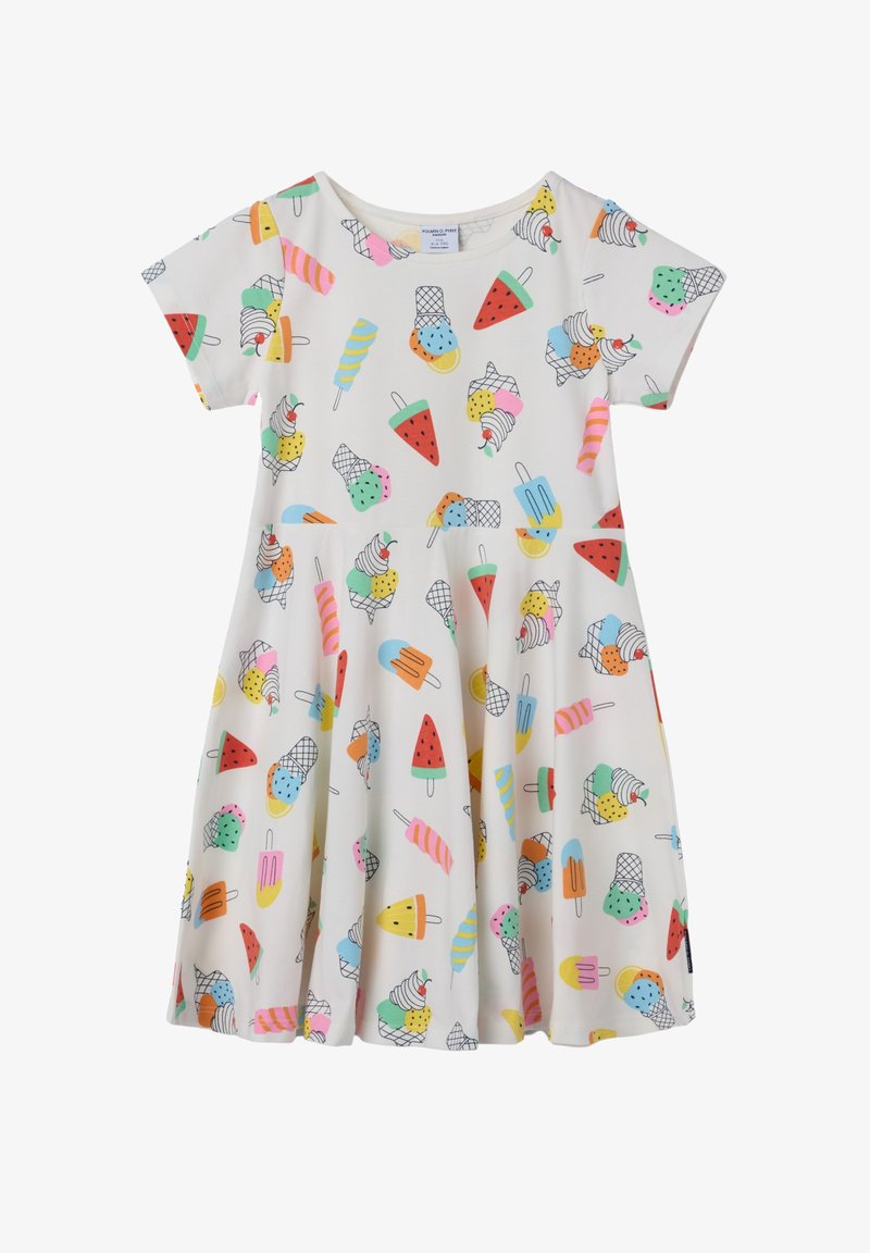 Kurzärmeliges Kleid aus cremefarbener Baumwolle mit einem verspielten Muster aus bunten Eiscremes, Eis am Stiel und Wassermelonen sowie einem ausgestellten Rock.