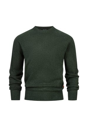 Mörkgrön stickad tröja med rund halsringning, ribbade muddar och nederkant, med en jämn textur och ett subtilt mönster.