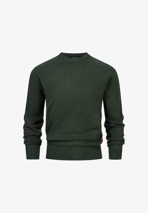 Mörkgrön stickad tröja med rund halsringning, ribbade muddar och nederkant, med en jämn textur och ett subtilt mönster.