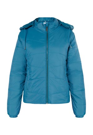 Giacca a vento teal con cappuccio, dotata di zip frontale, polsini elasticizzati e motivo a righe orizzontali per un'ulteriore isolamento.