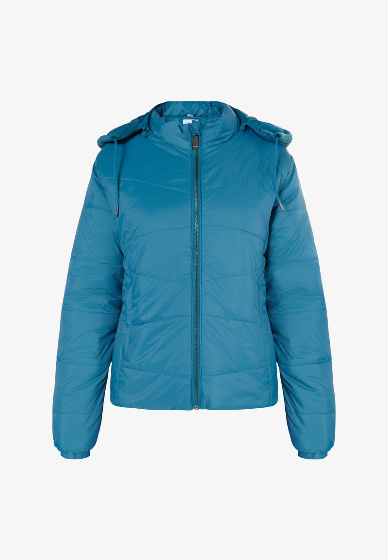 Türkise Steppjacke mit Kapuze, ausgestattet mit einem Frontreißverschluss, elastischen Bündchen und horizontalem Steppmuster für zusätzliche Isolation.