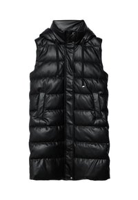 Schwarze Puffer-Weste aus glänzendem, glattem Material. Verfügt über einen hohen Kragen, Fronttaschen und verstellbare Kordeln an der Kapuze.