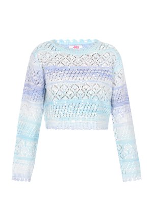 Przycięty sweter wykonany z lekkiej, dzianinowej tkaniny w gradientowych odcieniach niebieskiego i białego, z koronkowymi wzorami i falbaniastymi brzegami.