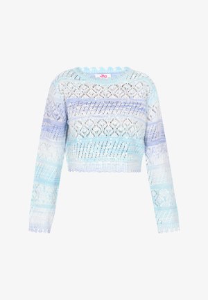 Maglione accorciato realizzato in un leggero tessuto lavorato a maglia nelle sfumature degradé di blu e bianco, con motivi simili a pizzo e bordi a scallop.