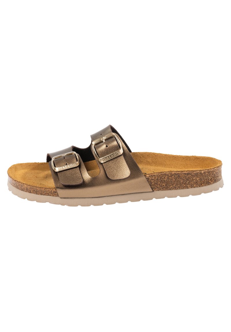 Bruine metalen slip-on sandaal met twee verstelbare gespen, kurken voetbed en geprofileerde rubberen zool. Heeft een vlak design voor gemakkelijk dragen.