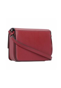 Red leather crossbody bag with a sleek rectangular design, a flat front, and a thin adjustable strap, featuring subtle black trim accents.