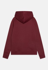 Felpa con cappuccio bordeaux mélange con coulisse, maniche raglan, polsini e fascia in vita a coste; texture liscia e design minimalista.