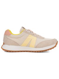 Beige and yellow athletic sneaker with white sole, gum outsole, lace-up front, and padded collar with pink and yellow accents.