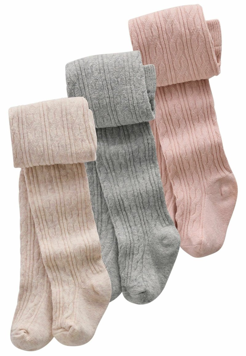 Trzy pary włóczkowych skarpetek: jasnoróżowe, szare i pastelowo różowe. Każda z nich ma prążkowaną strukturę i złożony brzeg, wykonana jest z miękkiego materiału.